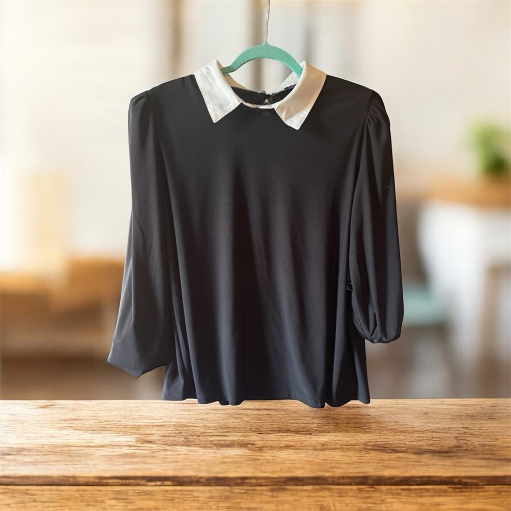 AUW Black Blouse with White Collar